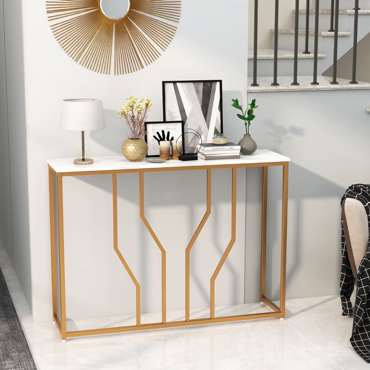 Konsolentisch mit Geometrischem Metallrahmen Eingangstisch 110 x 30 x 80 cm Gold + Weiß Konsolentisch mit Geometrischem Metallrahmen Eingangstisch 110 x 30 x 80 cm Gold + Weiß von Costway