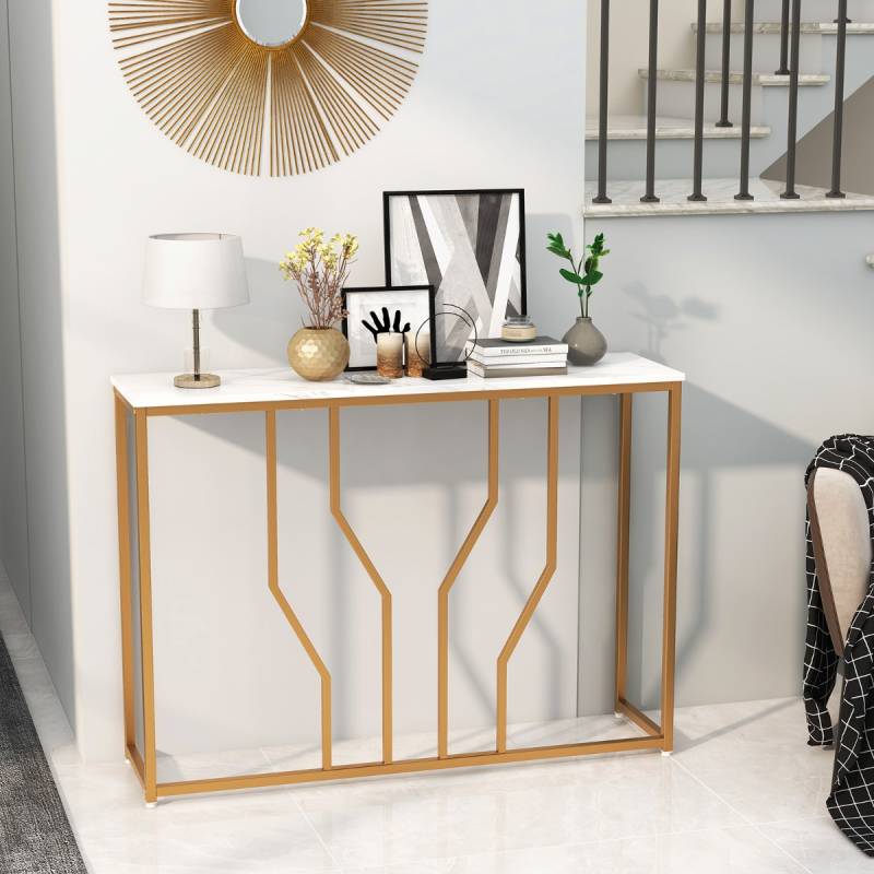 Konsolentisch mit Geometrischem Metallrahmen Eingangstisch 110 x 30 x 80 cm Gold + Weiß von Costway