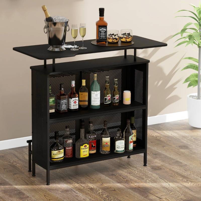 Küche Bartisch mit  2 Weinregalen & 6 Glashaltern & Verstellbare Füße 120 x 50 x 106,5 cm Schwarz von Costway
