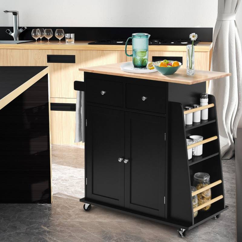 Kücheninsel mit Stauraum Rollender Servierwagen aus Gummiholz 88 x 46 x 89,5 cm Schwarz von Costway