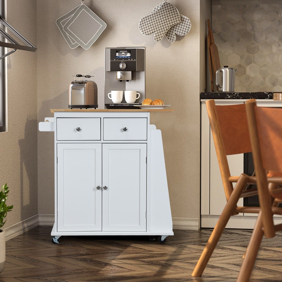 Kücheninsel mit Stauraum Rollender Servierwagen aus Gummiholz 88 x 46 x 89,5 cm Weiß Kücheninsel mit Stauraum Rollender Servierwagen aus Gummiholz 88 x 46 x 89,5 cm Weiß von Costway