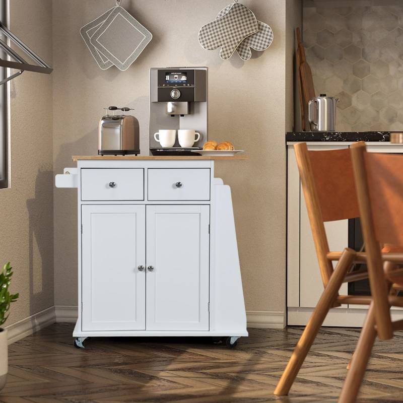 Kücheninsel mit Stauraum Rollender Servierwagen aus Gummiholz 88 x 46 x 89,5 cm Weiß von Costway