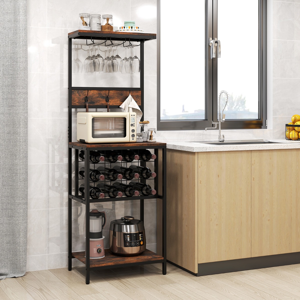 Küchenregal mit Weinregal Standregal mit Anlagen & 3 Hakens & Glashaltern Braun Küchenregal mit Weinregal Standregal mit Anlagen & 3 Hakens & Glashaltern Braun von Costway