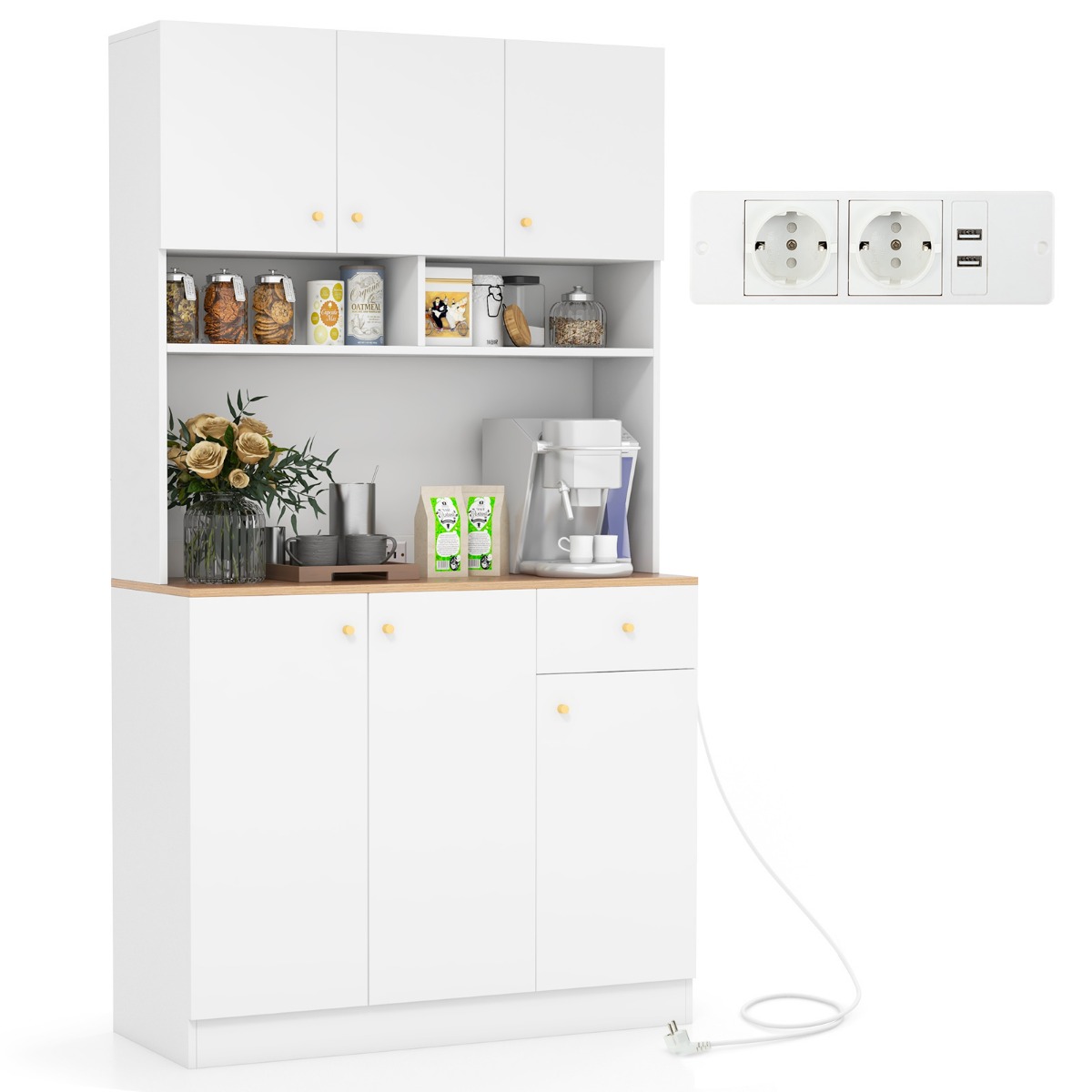 Küchenschrank Holz Buffetschrank mit Steckdosen & USB-Anschlüssen Hochschrank Küchen 100 x 40 x 181 cm Weiß von Costway