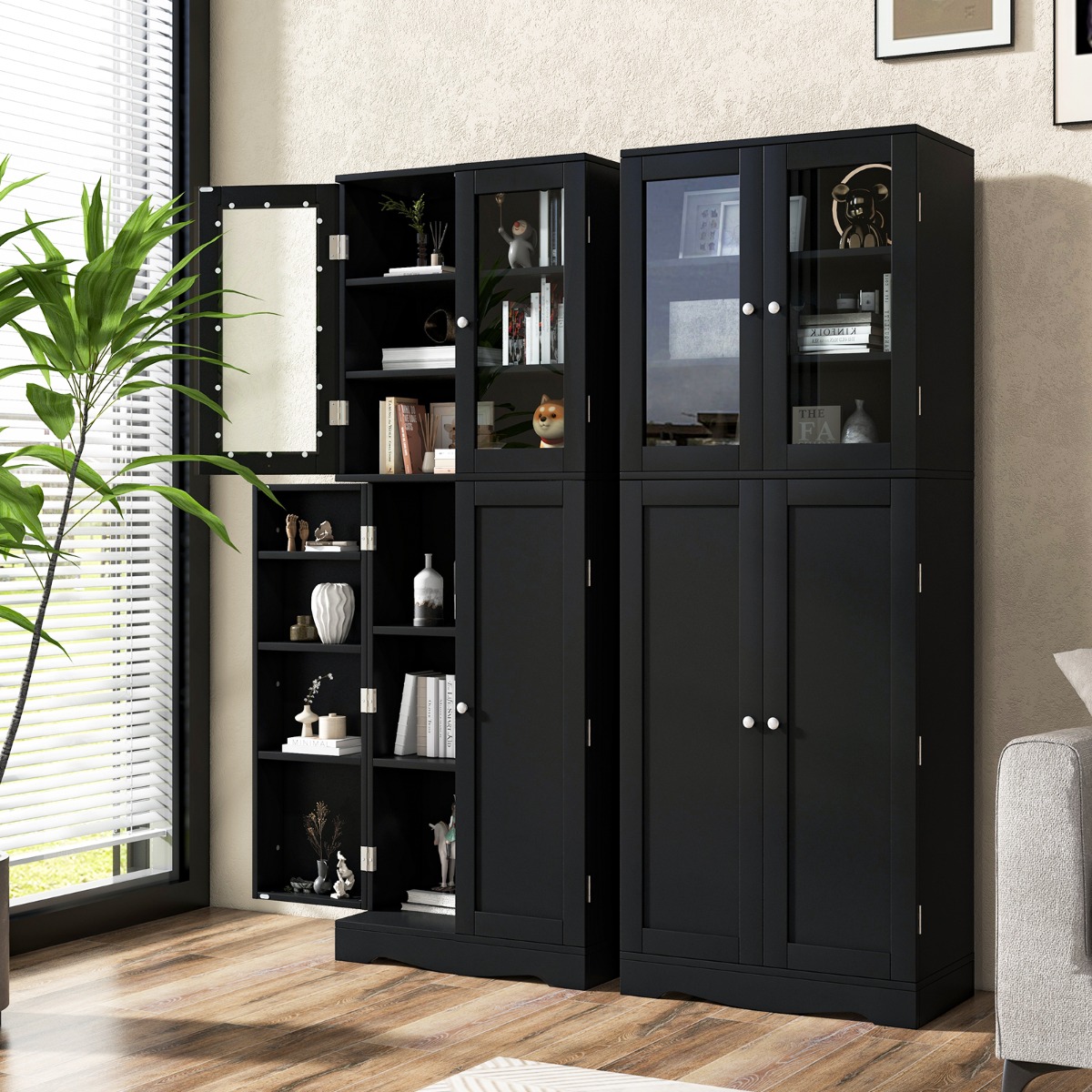 Küchenschrank aus Holz mit 2 Türen gehärtetem Glas & Regalen Hochschrank Schwarz von Costway