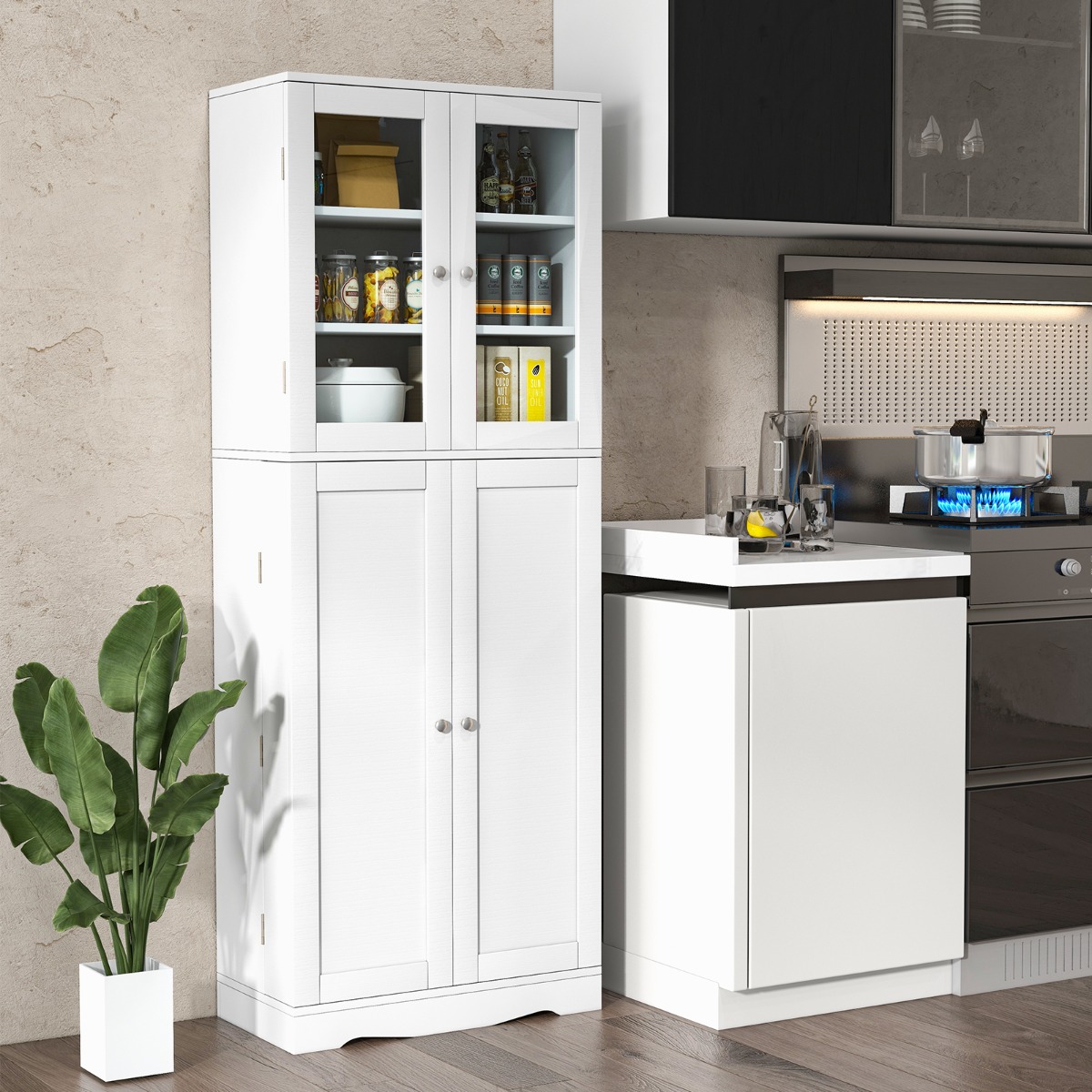 Küchenschrank aus Holz mit 2 Türen gehärtetem Glas & Regalen Hochschrank Weiß Küchenschrank aus Holz mit 2 Türen gehärtetem Glas & Regalen Hochschrank Weiß von Costway