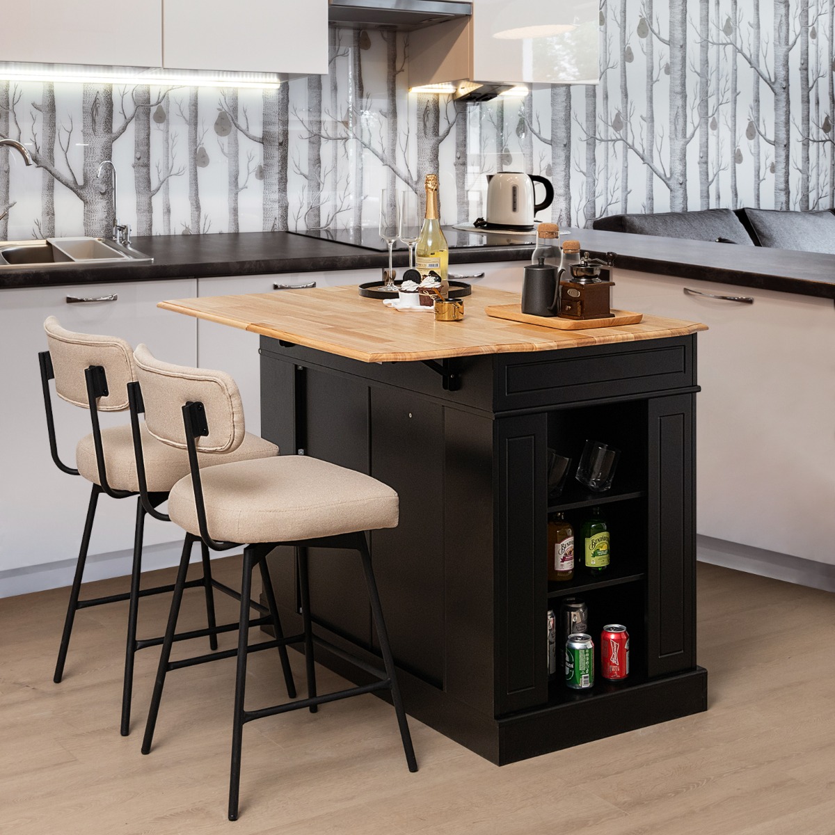Küchenschrank mit Ausziehbarer Arbeitsplatte aus Gummiholz Kücheninsel mit Stauraum Schwarz Küchenschrank mit Ausziehbarer Arbeitsplatte aus Gummiholz Kücheninsel mit Stauraum Schwarz von Costway