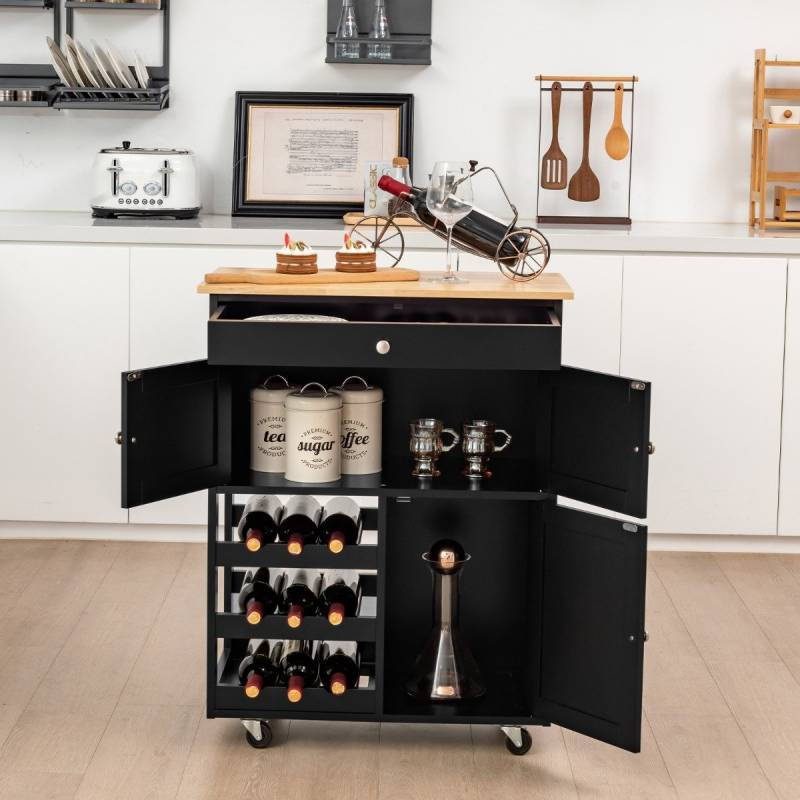 Küchenwagen Kücheninselwagen mit Holzplatte Schublade 67 x 37 x 86,5 cm Schwarz von Costway