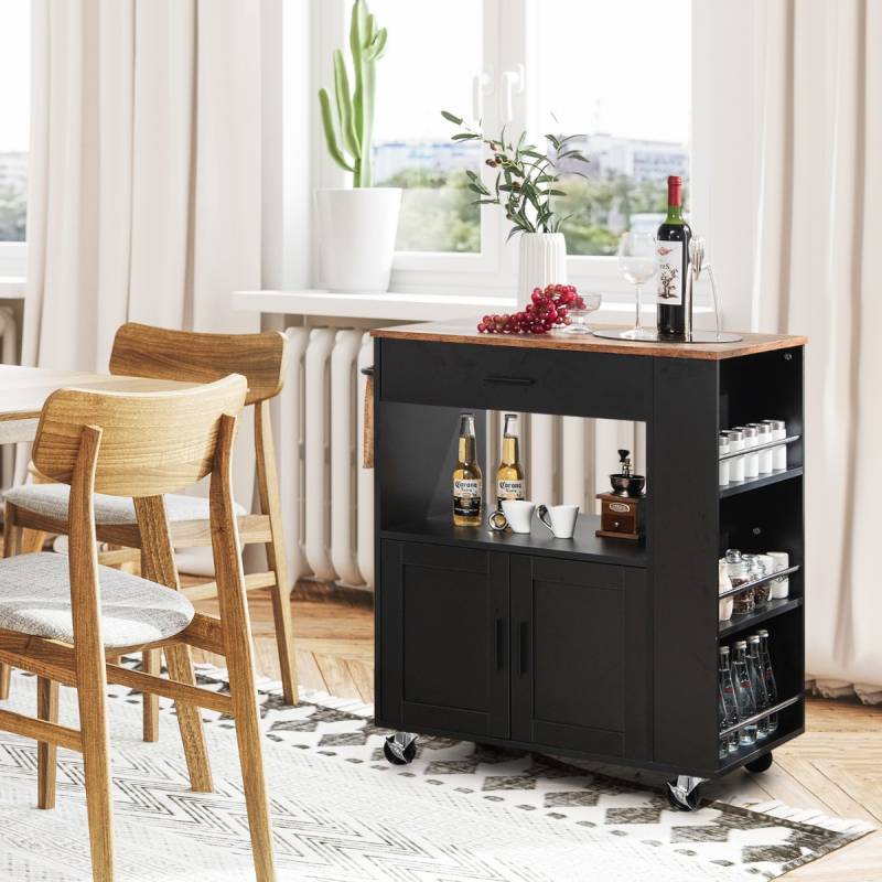 Küchenwagen Rollender Servierwagen mit 3 Gewürzregale 82 x 46 x 92 cm Schwarz von Costway