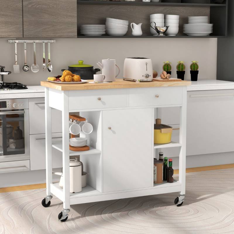 Küchenwagen mit Rollen Kücheninsel mit Arbeitsplatte Servierwagen mit 2 Schubladen 99 x 46 x 90 cm Weiß von Costway
