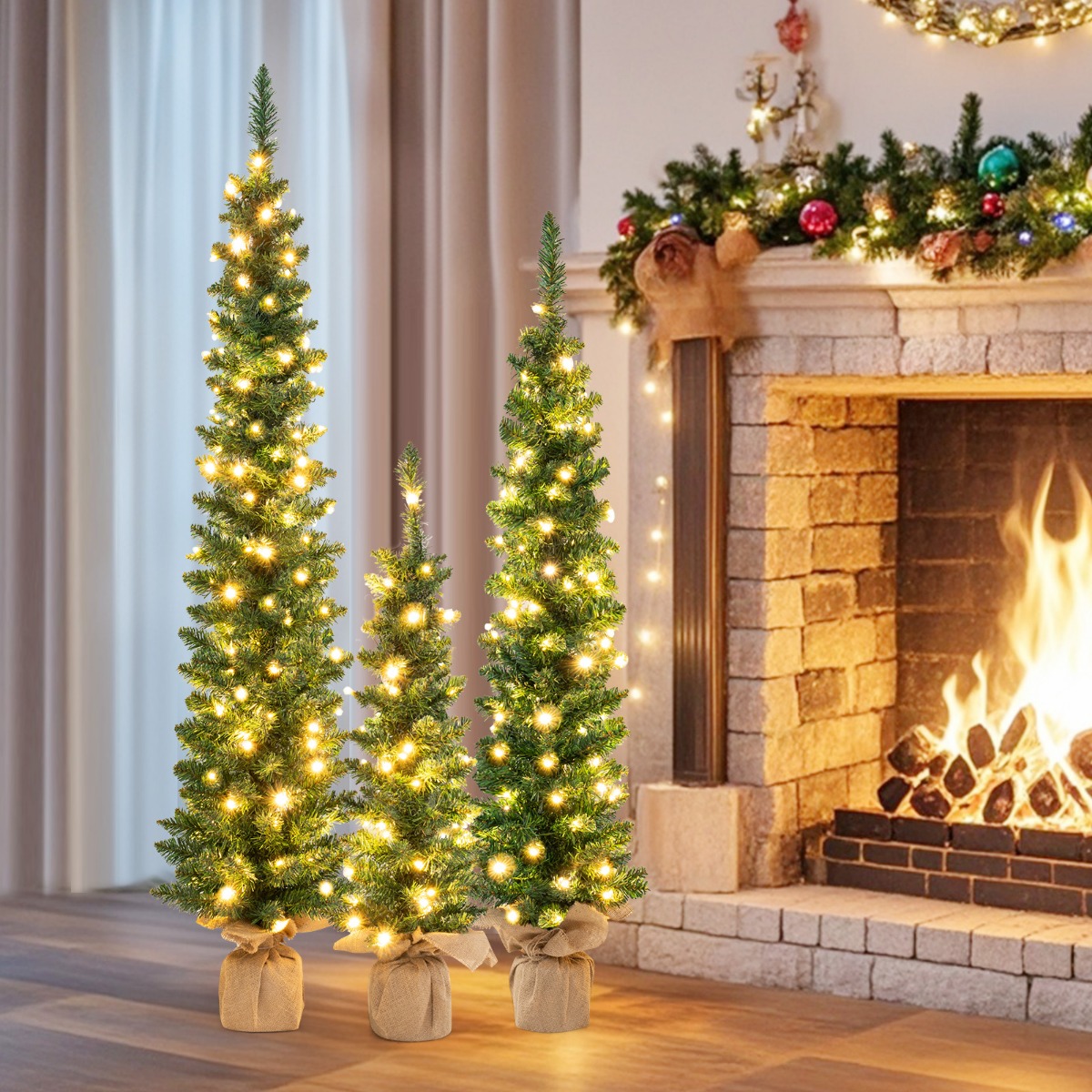 Künstlicher Weihnachtsbaum 3er Set Bleistift Tannenbaum mit Beleuchtung Grün Künstlicher Weihnachtsbaum 3er Set Bleistift Tannenbaum mit Beleuchtung Grün von Costway