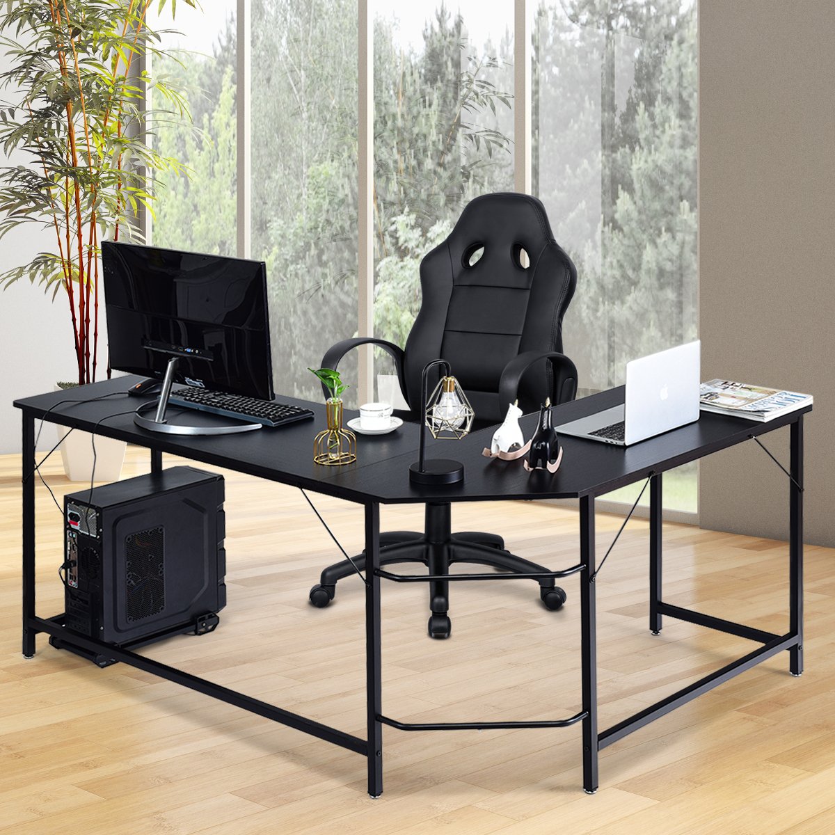 L-Form Computertisch PC Eckschreibtisch Winkelschreibtisch Schwarz/Natur 168 x 125 x 74 cm-Schwarz L-Form Computertisch PC Eckschreibtisch Winkelschreibtisch Schwarz/Natur 168 x 125 x 74 cm-Schwarz von Costway