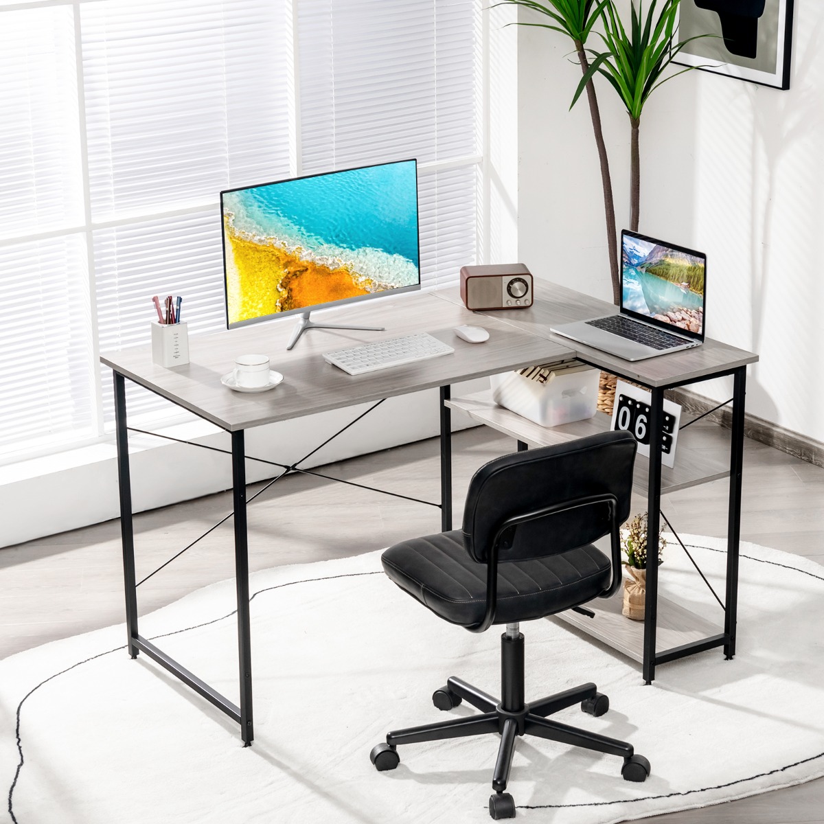 L-Form Schreibtisch Eck-Computertisch mit Ablagefächern Bürotisch 120 x 88 x 74,5 cm Grau von Costway