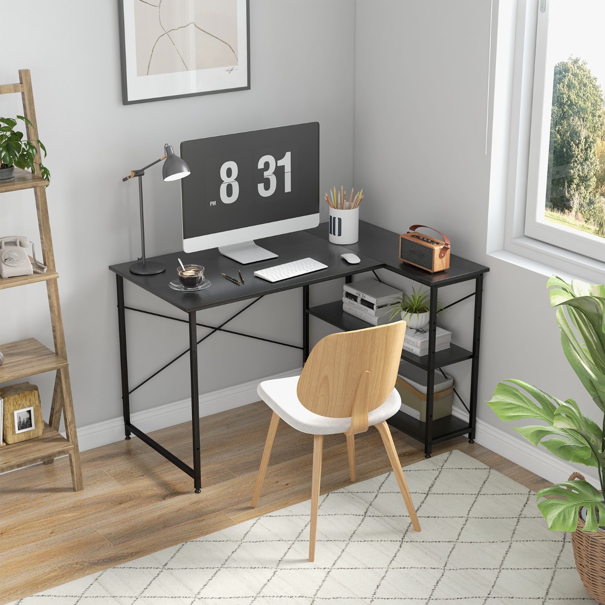 L-Form Schreibtisch Eck-Computertisch mit Ablagefächern Bürotisch 120 x 88 x 74,5 cm Schwarz von Costway