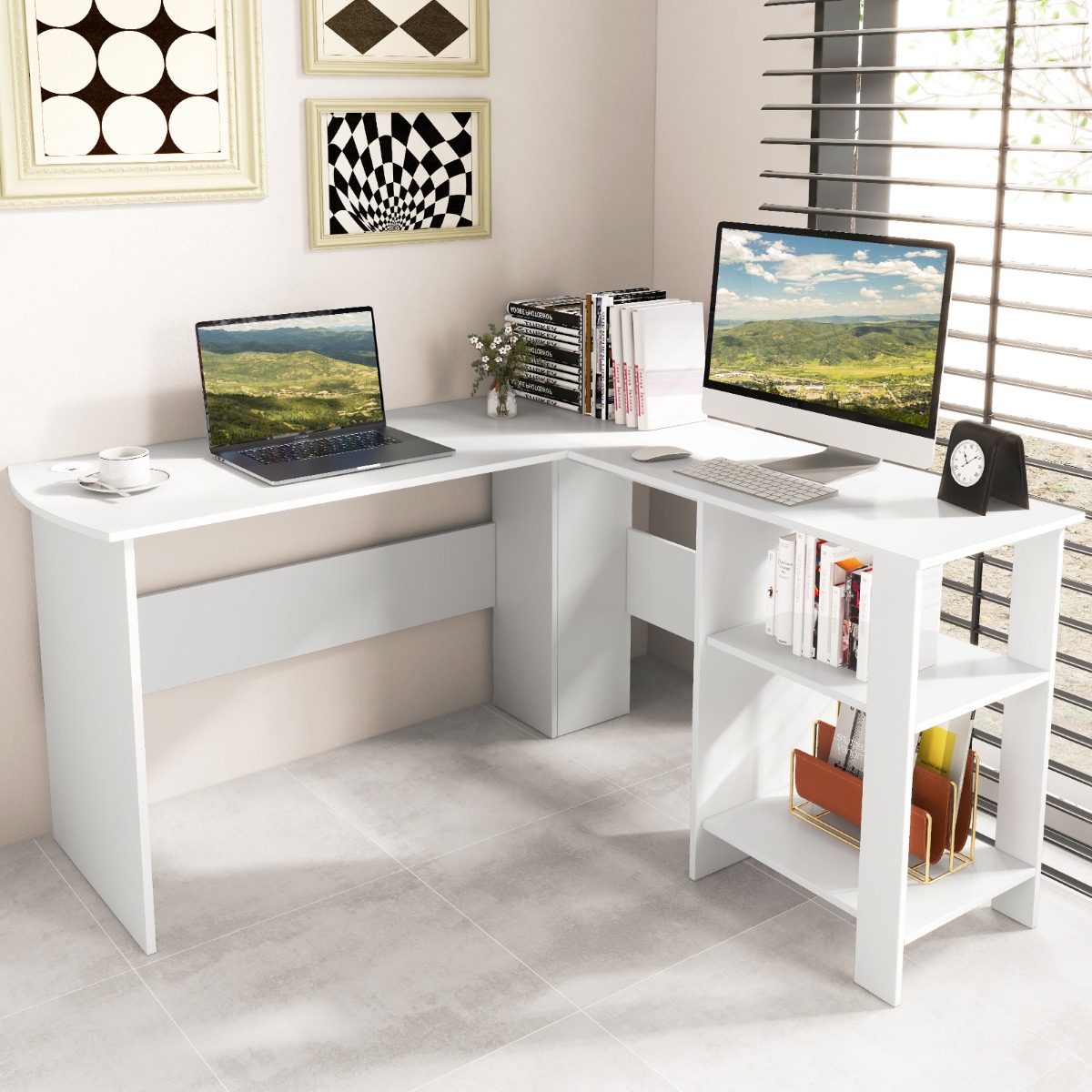 L-Form Schreibtisch mit 2 Kabellöchern & Ablagefächern Eckschreibtisch 130 x 130 x 74 cm Weiß von Costway