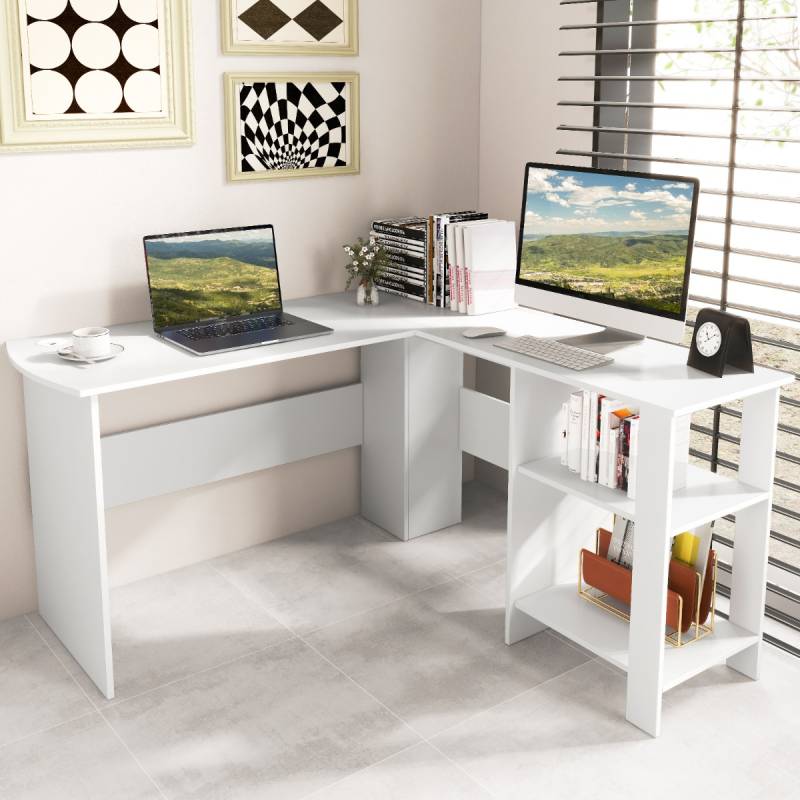 L-Form Schreibtisch mit 2 Kabellöchern & Ablagefächern Eckschreibtisch 130 x 130 x 74 cm Weiß von Costway