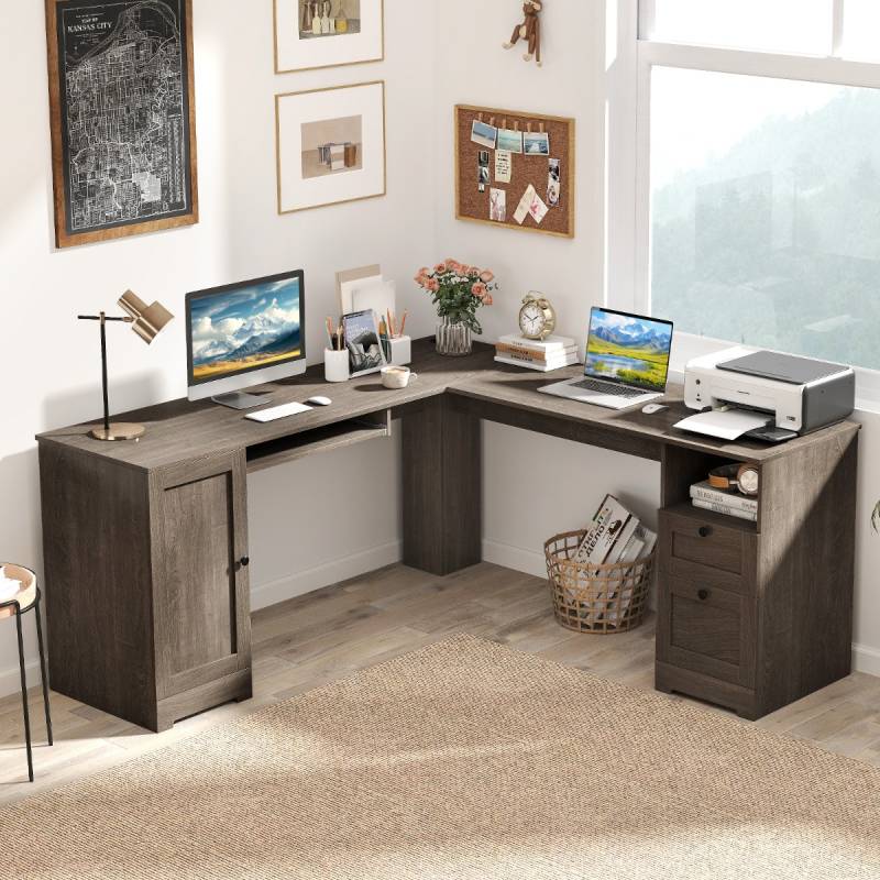 L-Form Schreibtisch mit Ladestation & Tastaturablage & 2 Schubladen Eckschreibtisch Grau von Costway