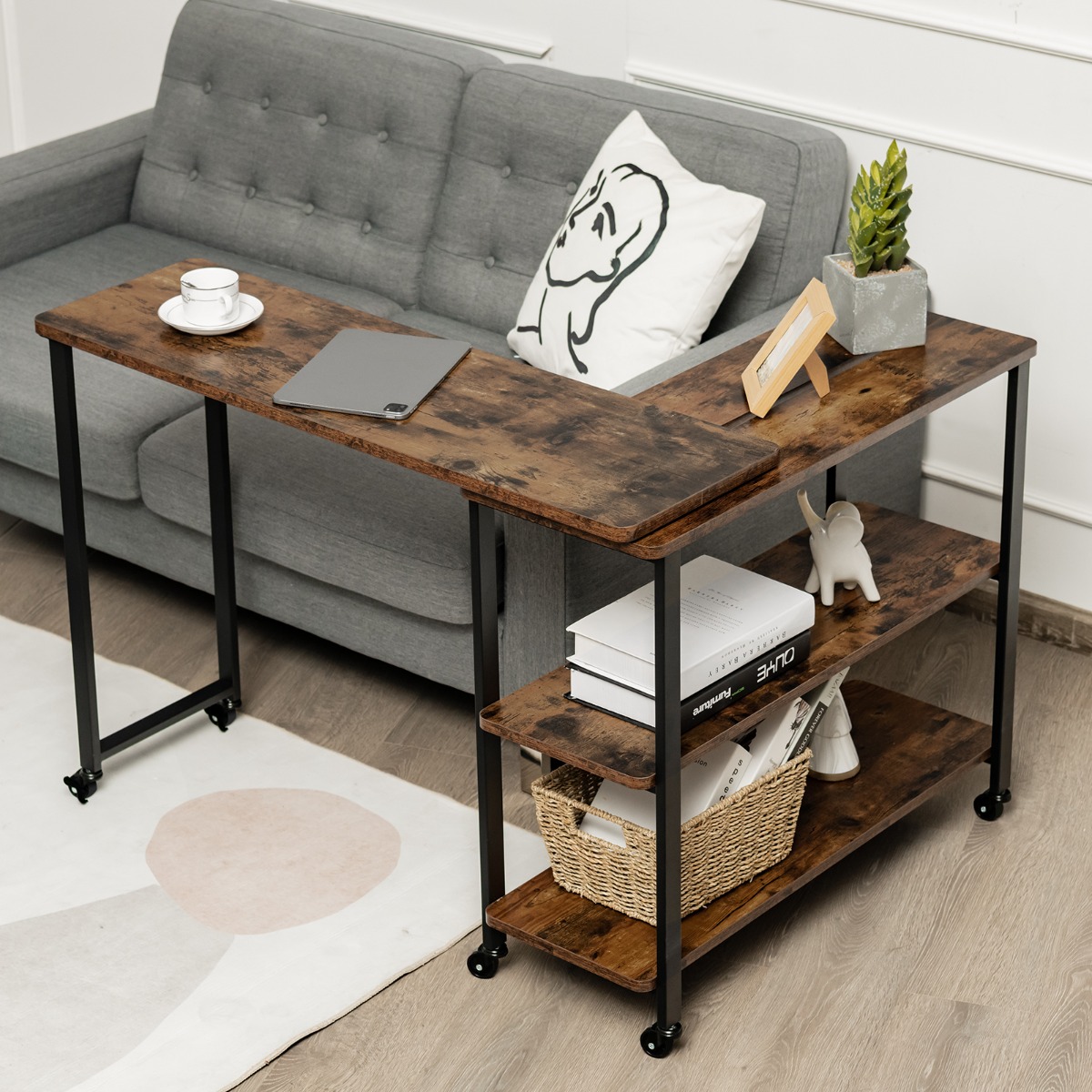 Beistelltisch Holz Couchtisch L-Form Tischplatte 360° drehbar 3 Ebenen Wohnzimmertisch Vintage 101 x 82,5 x 72,5 cm von Costway