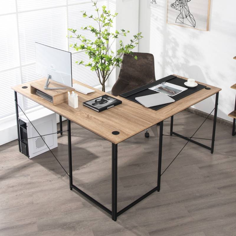 L-förmiger Computertisch mit Monitorständer Wendbarer Eckschreibtisch Natur von Costway