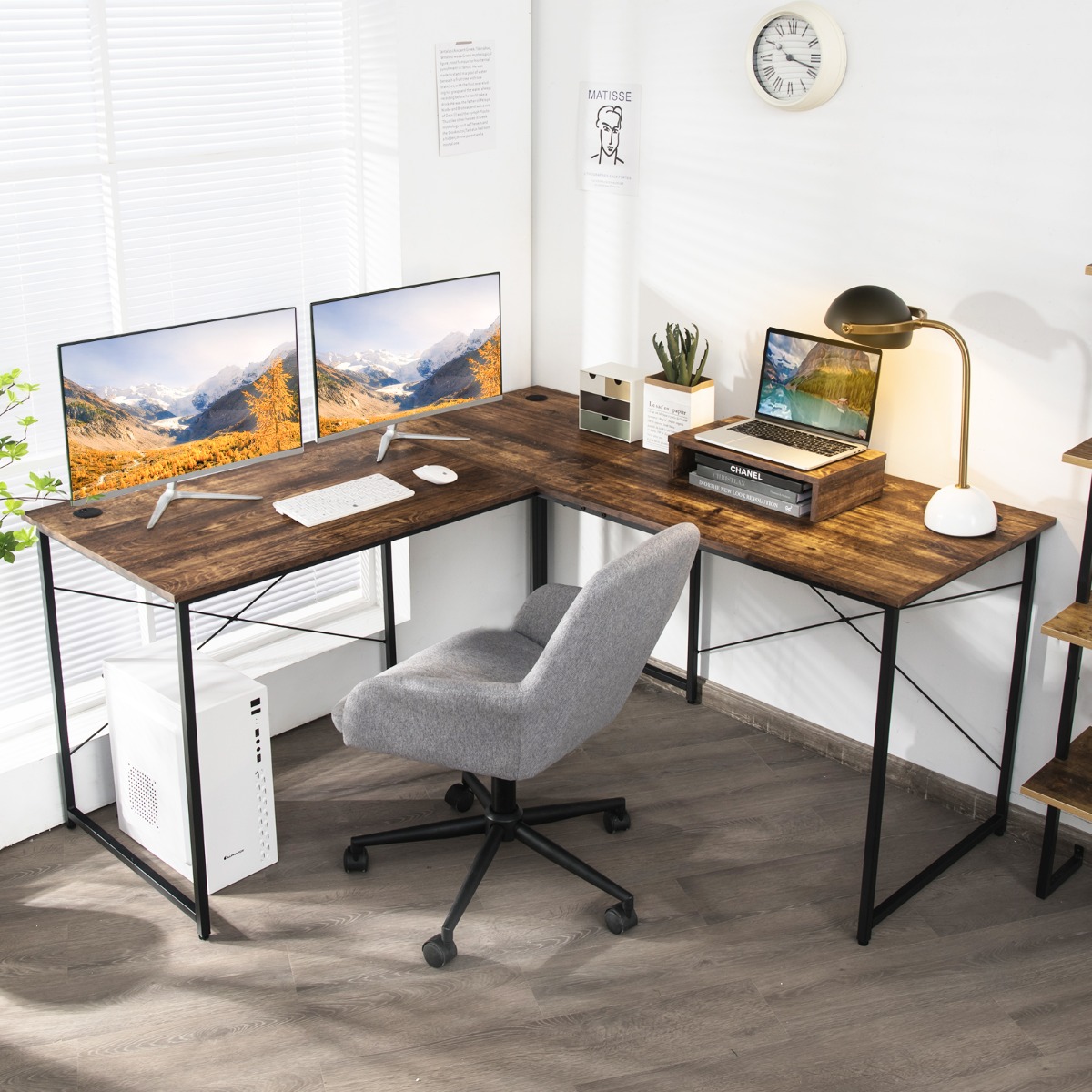 L-förmiger Computertisch mit Monitorständer Wendbarer Eckschreibtisch Rustikales Braun von Costway