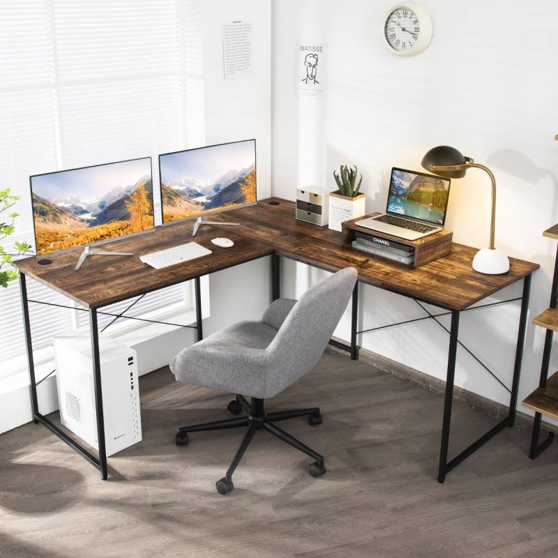 L-förmiger Computertisch mit Monitorständer Wendbarer Eckschreibtisch Rustikales Braun von Costway