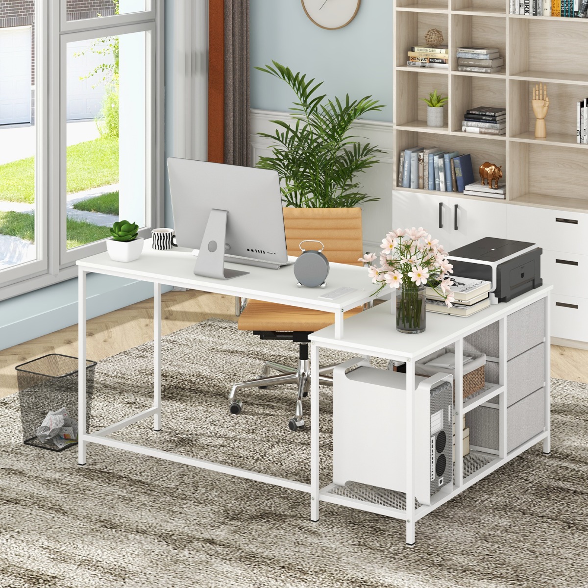 L-förmiger Computertisch mit Steckdose & 3 Stoffschubladen & Gitterablagen Eckschreibtisch Weiß von Costway