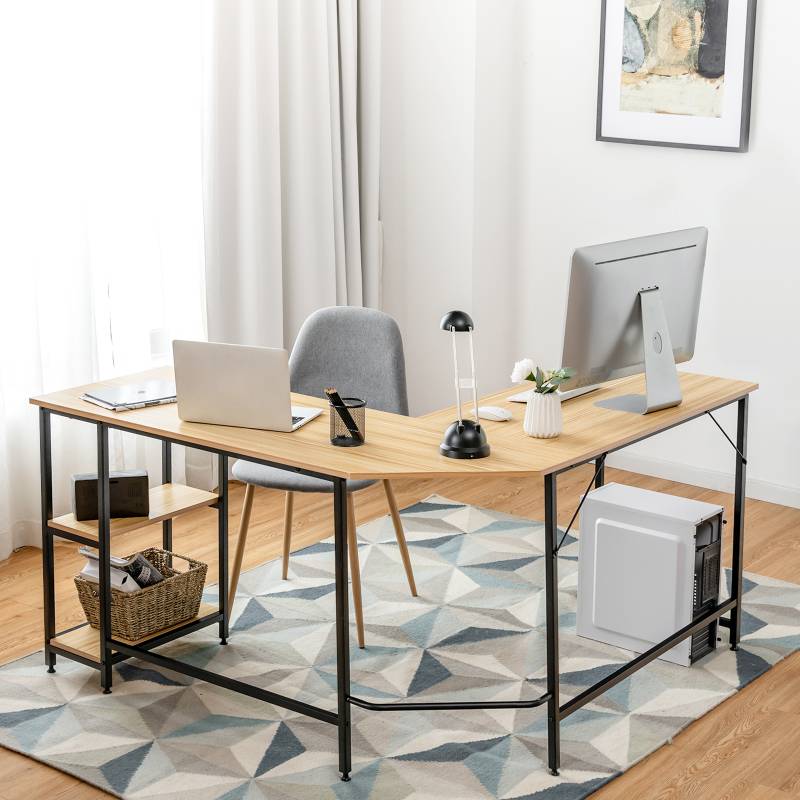 L-förmiger Schreibtisch Homeoffice-Schreibtisch mit 2 Ablageflächen 138 x 60 x 75 cm Natur von Costway