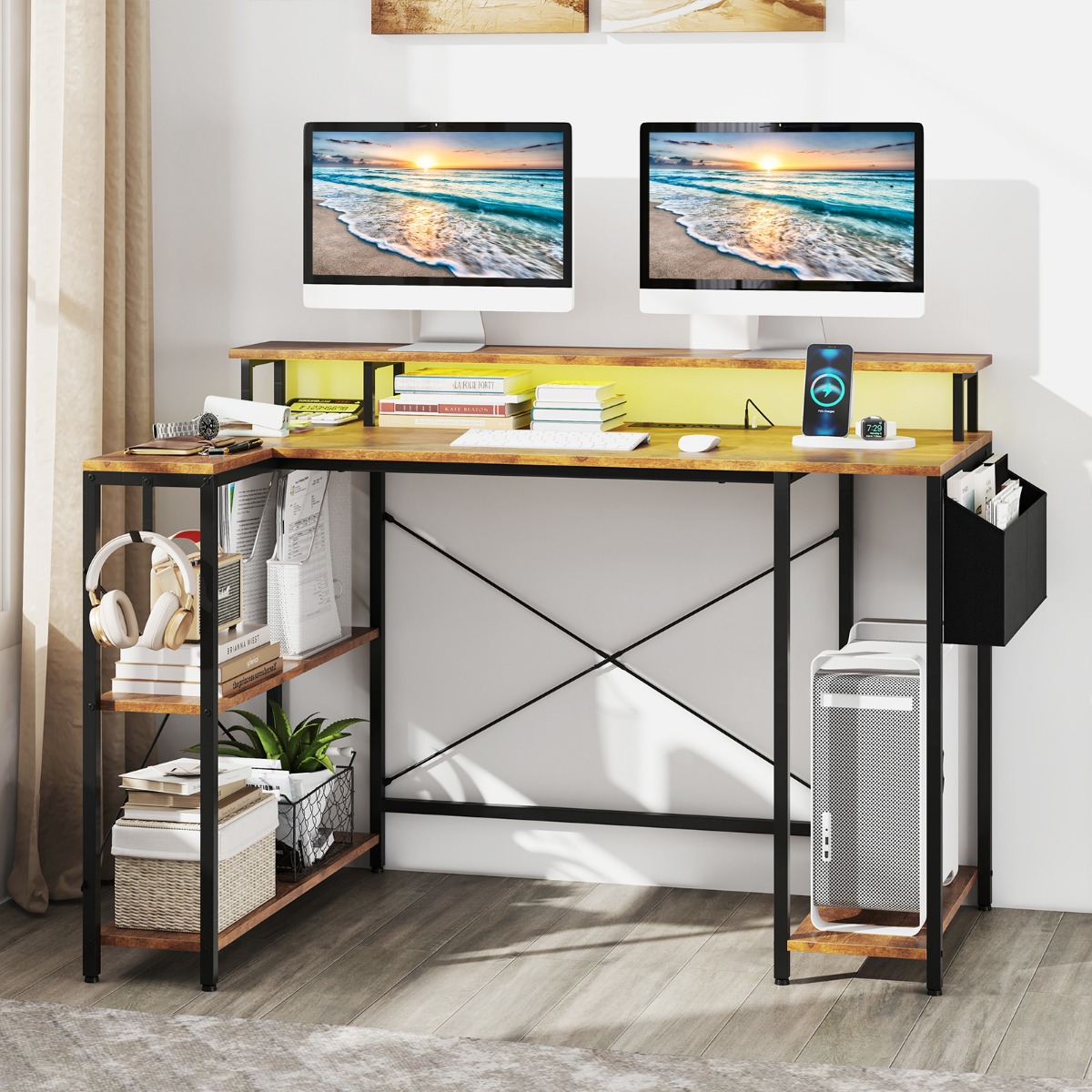 L-förmiger Schreibtisch mit Steckdosen & LED-Beleuchtung Gaming Computertisch Rustikales Braun L-förmiger Schreibtisch mit Steckdosen & LED-Beleuchtung Gaming Computertisch Rustikales Braun von Costway