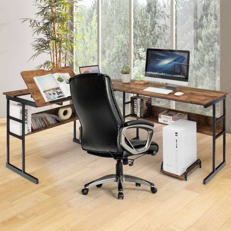 L-förmiger Schreibtisch mit neigbarer Tischplatte unterem Bücherregal & CPU-Ständer Zeichentisch Computertisch 170 x 150 x 75 cm Braun von Costway