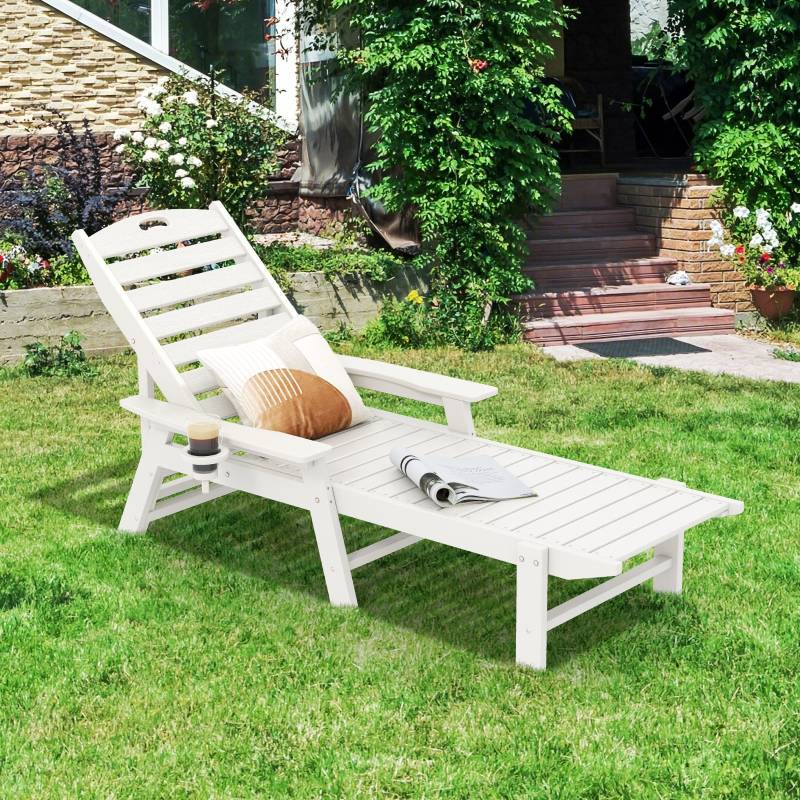 Liegestuhl HDPE Outdoor-Liegesessel mit 4-fach verstellbarer Rückenlehne & drehbarem Getränkehalter Weiß Liegestuhl HDPE Outdoor-Liegesessel mit 4-fach verstellbarer Rückenlehne & drehbarem Getränkehalter Weiß von Costway