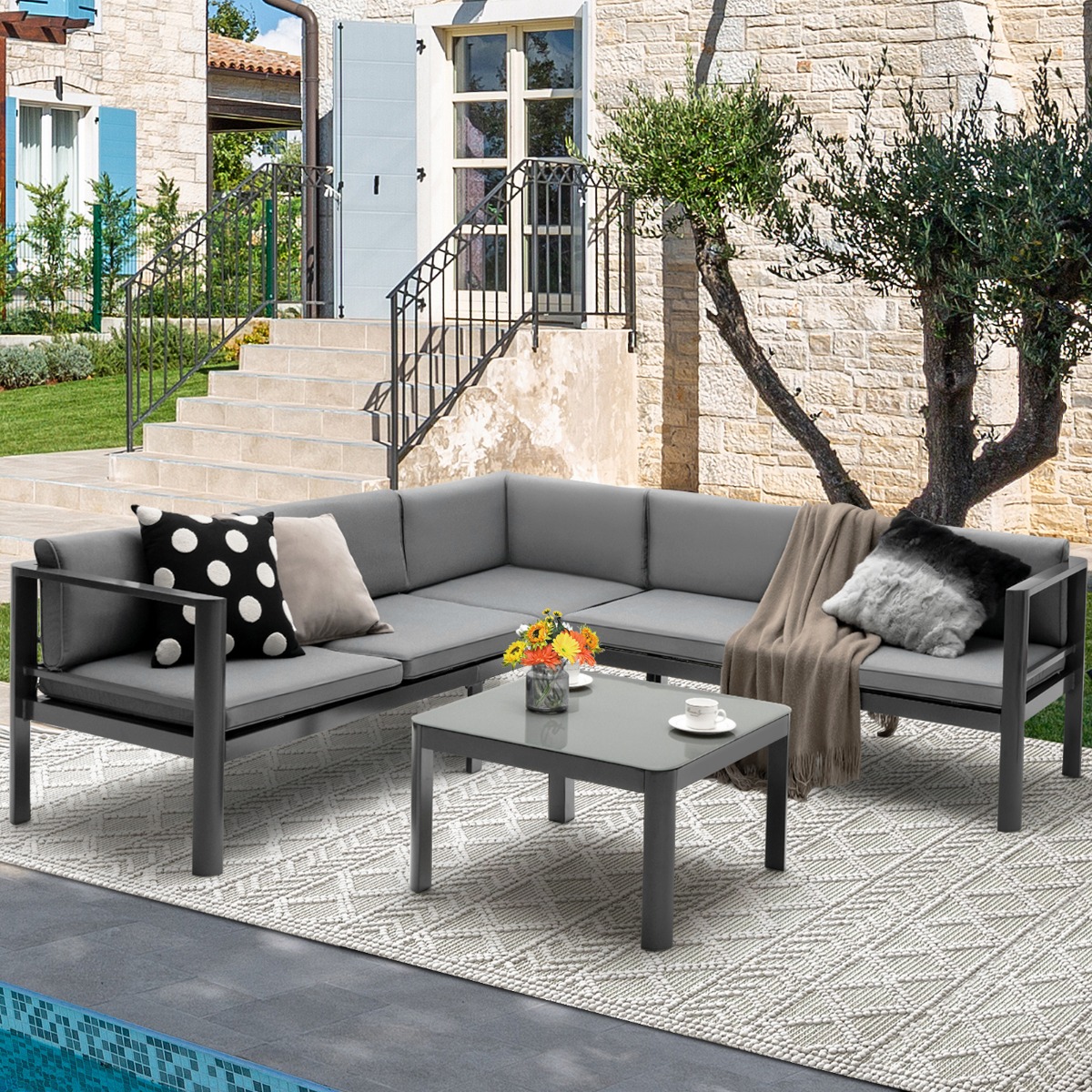 Lounge-Set aus Aluminium Gartenlounge für 4-5 Personen Gartenmöbel-Set Grau von Costway