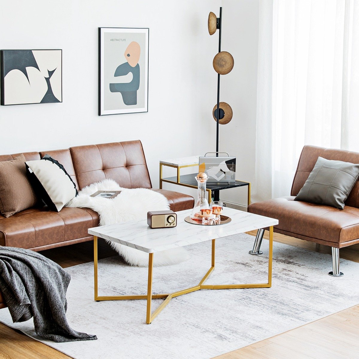 Marmor Optik Couchtisch mit Goldenem Metallgestell & Verstellbaren Fußpolstern Kaffeetisch von Costway