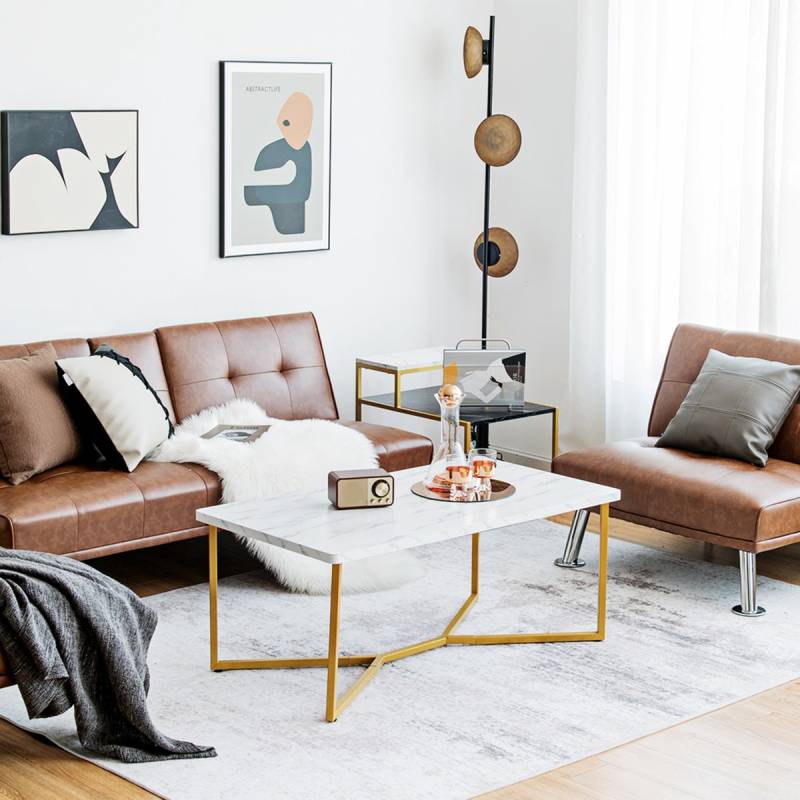 Marmor Optik Couchtisch mit Goldenem Metallgestell & Verstellbaren Fußpolstern Kaffeetisch von Costway