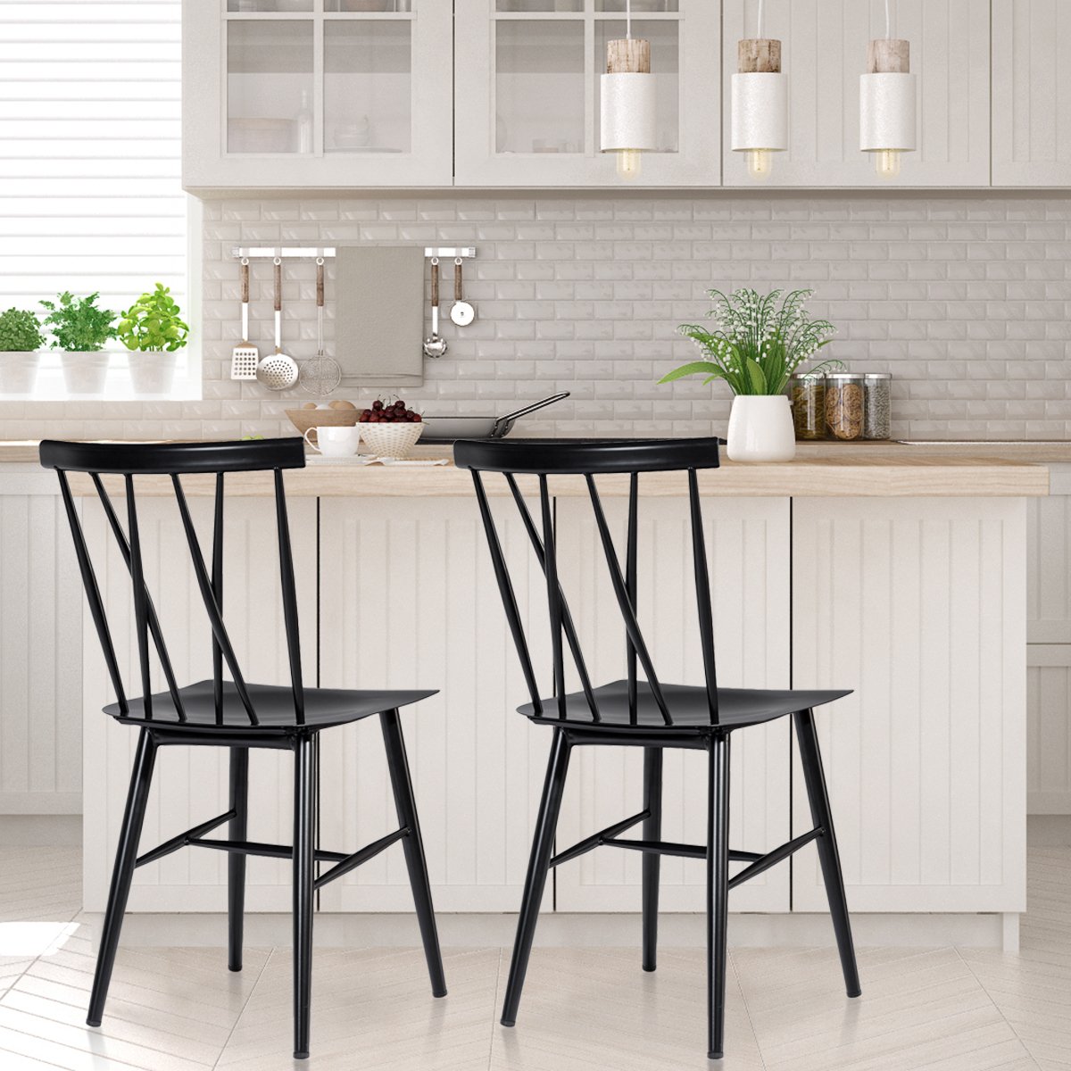 2er Set Esszimmerstühle aus Metall mit 43,5 cm Sitzhöhe X-förmige Rückenlehne 2er Pack Industrie Trattoria Stuhl von Costway