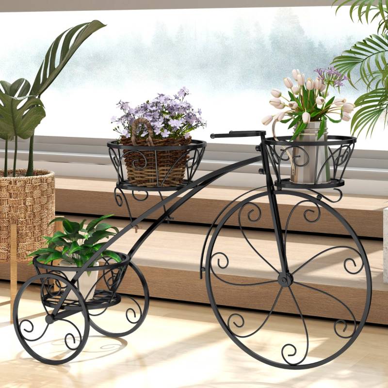 Metall Pflanzenständer mit Fahrrad-Design Blumenregal mit 3 Körben Blumenständer Pflanzenregal Schwarz von Costway