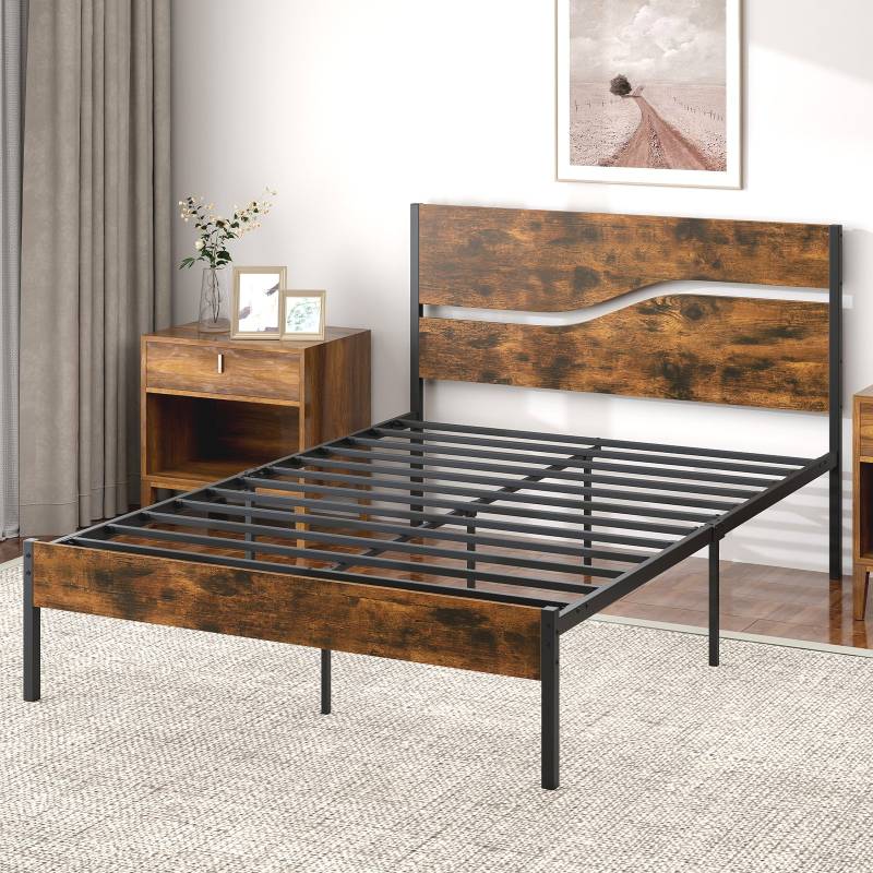 Metallbett Bettgestell für 200 x 140 cm Matratze industrielles Plattformbett mit Holzkopf- und Fußteil Rustikales Braun von Costway