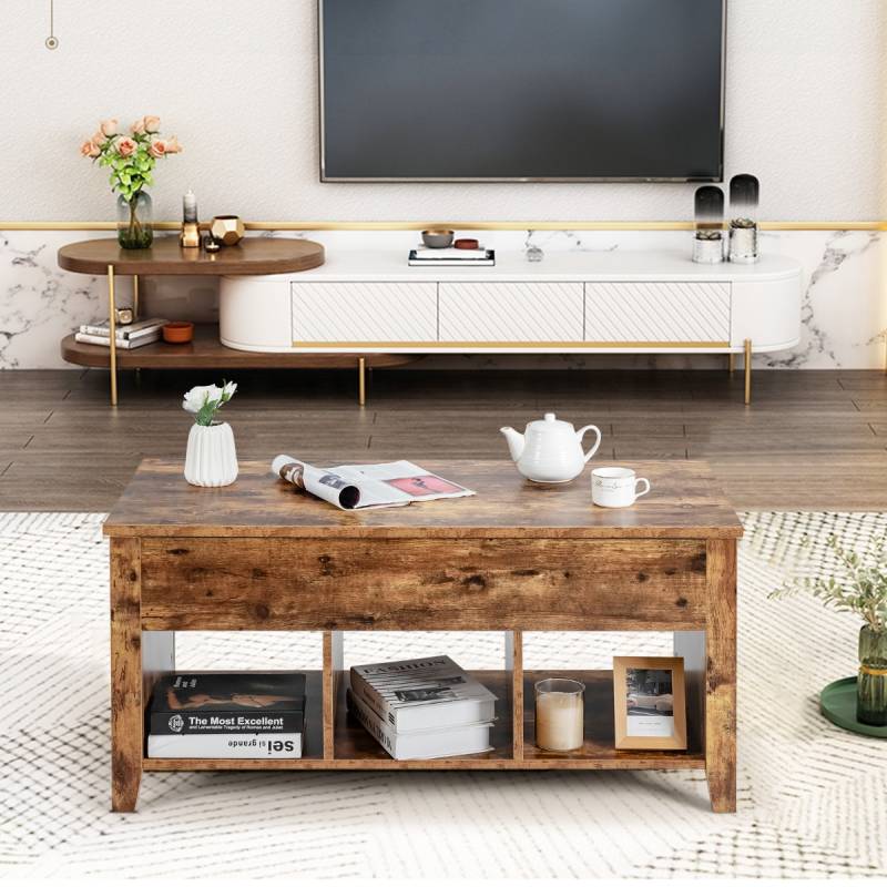 Moderner Multifunktionaler Couchtisch mit Aufklappbarer Platte für Wohnzimmer Braun von Costway