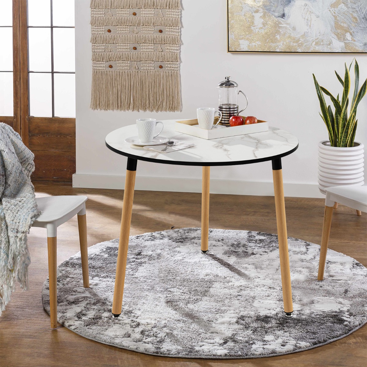 Moderner Runder Esstisch aus Kunstmarmor mit Rostfreien Stahlbeinen Weiß von Costway