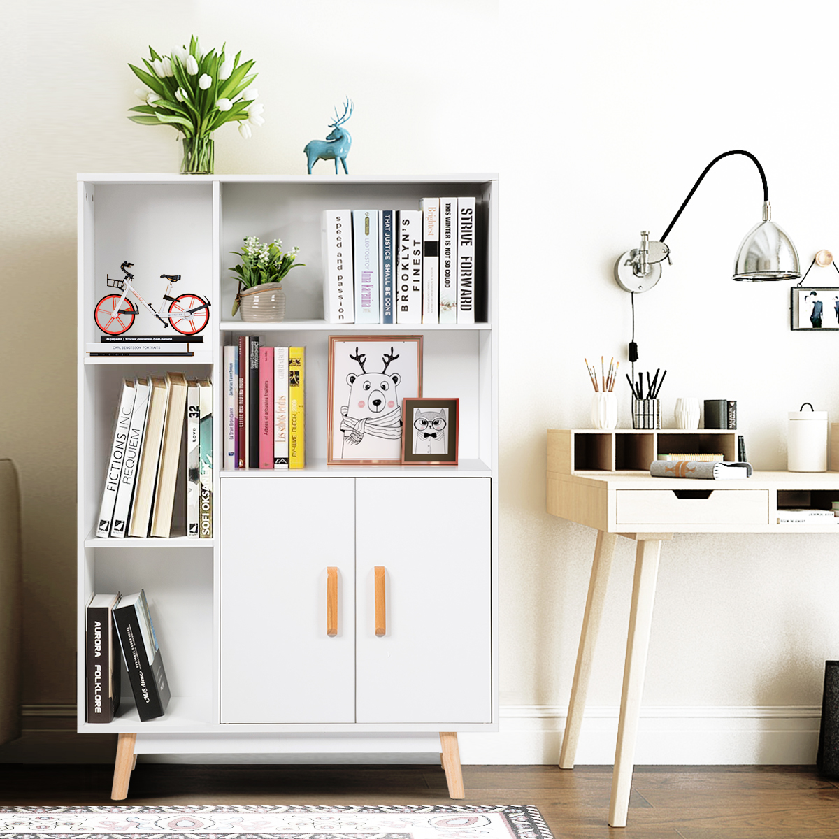 Modernes Bücherregal aus Holz mit 2 Türen für Zuhause und Büro 80 x 24 x 119 cm Weiß von Costway