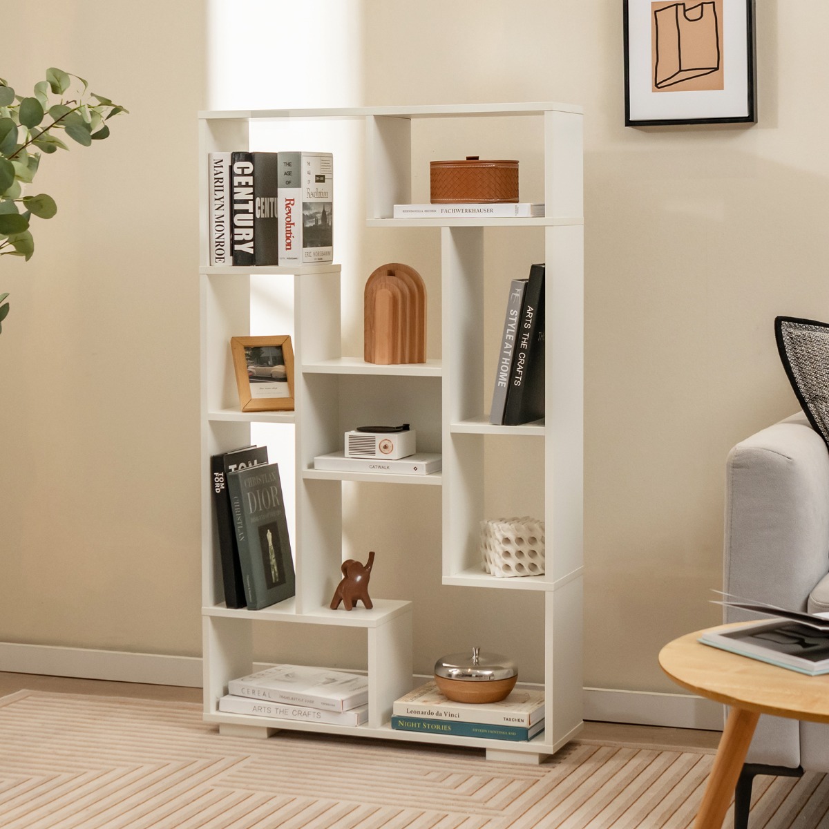 Modernes Bücherregal mit Offenen Ablagen & Kippschutz Geometrisches Mehrzweckregal Weiß von Costway