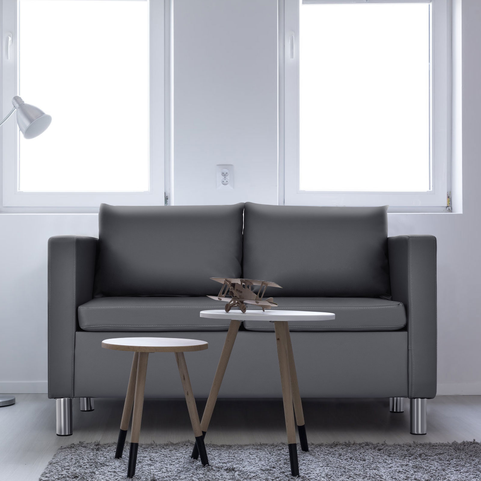 Modernes Zweisitzer-Sofa PU-Leder-Sofa mit weichem Kissen und Kautschukholzbeinen für Zuhause und Büro grau von Costway