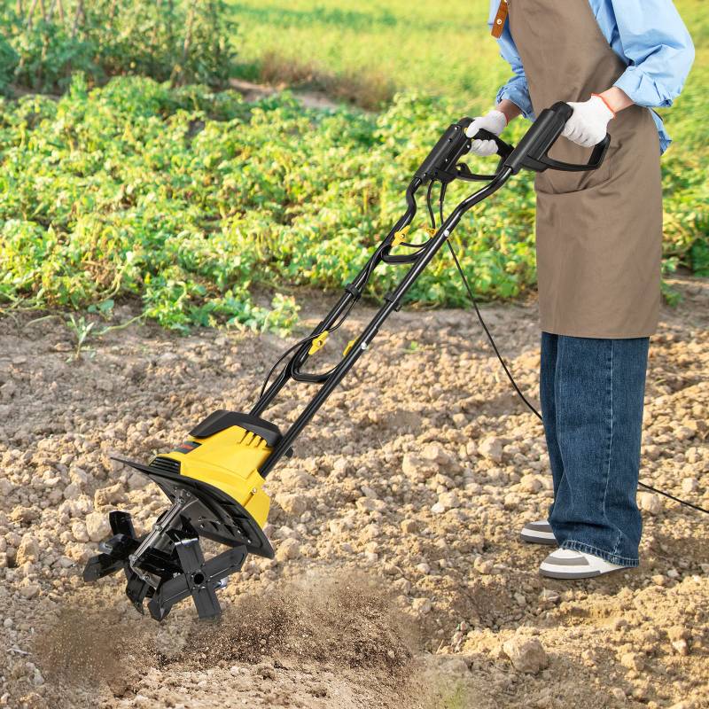 Motorhacke elektrisch 1200W | Arbeitsbreite 36 cm | Arbeitstiefe 22 cm | 380 U/min Elektro Bodenhacke mit Schutzschalter & Handgriff 36,5 x 24 x 138 cm Gelb von Costway