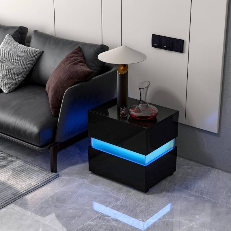 Nachttisch 2er Set LED Nachtkästchen Hochglanz Nachtschrank Nachtkommode mit 2 Schubladen Schwarz von Costway