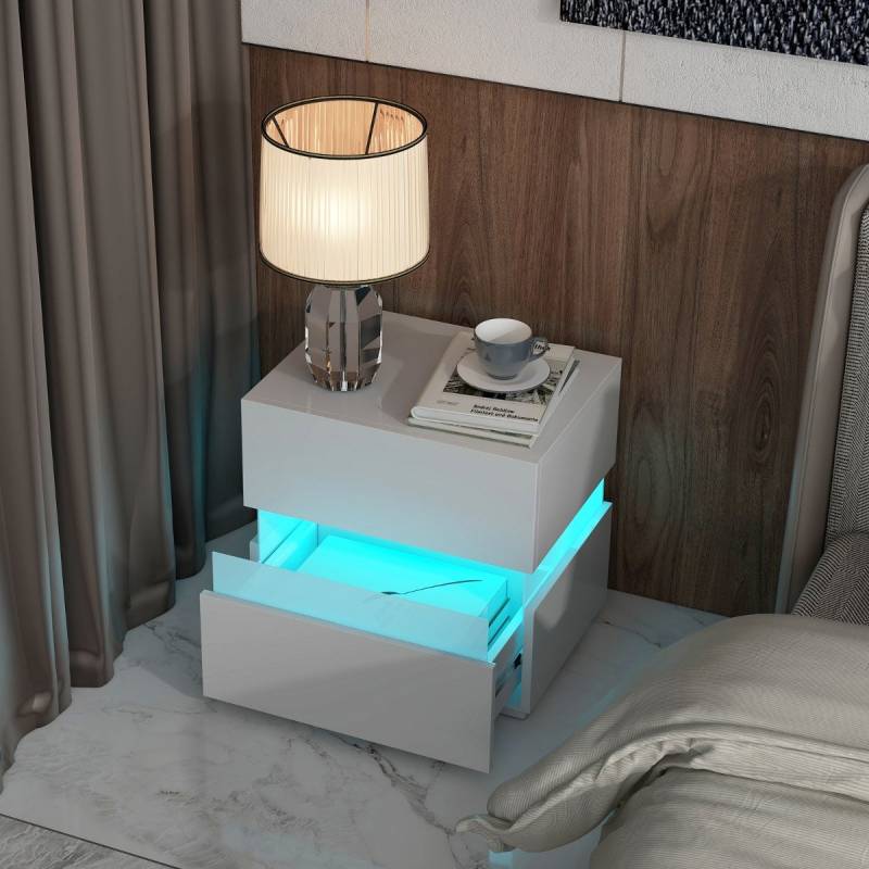 Nachttisch 2er Set LED Nachtkästchen Hochglanz Nachtschrank Nachtkommode mit 2 Schubladen Weiß von Costway