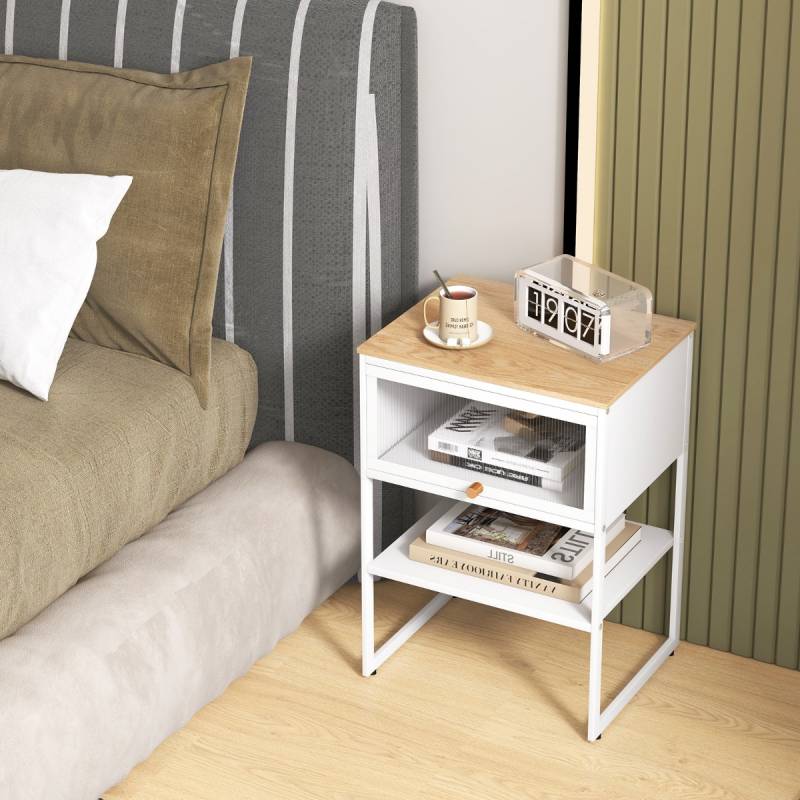 Nachttisch Beistelltisch Holz Nachtschrank mit Metallrahmen & Ablage & durchsichtiger Tür 40 x 32 x 56 cm Weiß von Costway
