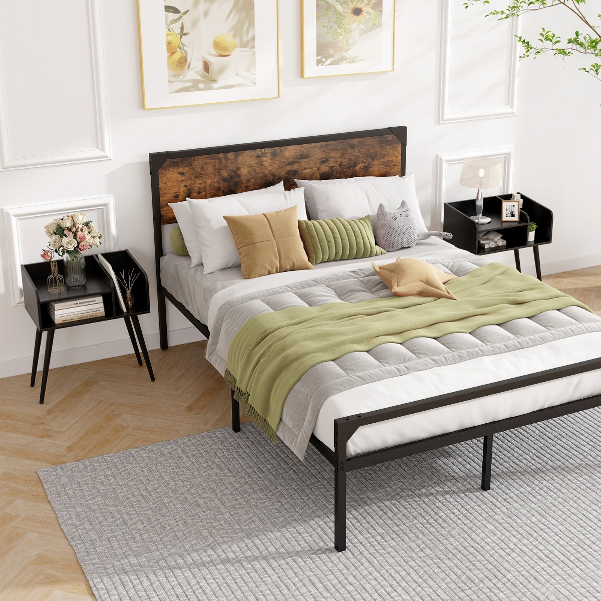 Nachttisch Beistelltisch mit offenem Fach Sofatisch mit Metallstützbeinen 50 x 32 x 58 cm Schwarz 2 Stücke von Costway