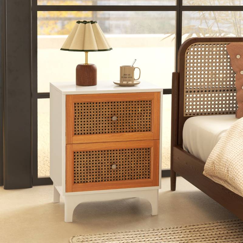 Nachttisch Rattan Nachtschrank mit 2 Schubladen Beistelltisch mit Massivholzbeinen 46 x 33 x 59,5 cm Weiß + Braun von Costway