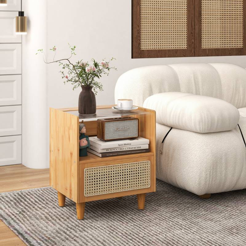 Nachttisch aus Bambus & Rattan mit Schublade Beistelltisch mit Verstecktem Stauraum Natur von Costway