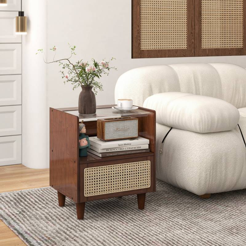 Nachttisch aus Bambus & Rattan mit Schublade und Beinen aus Massivholz Beistelltisch mit verstecktem Stauraum Braun von Costway