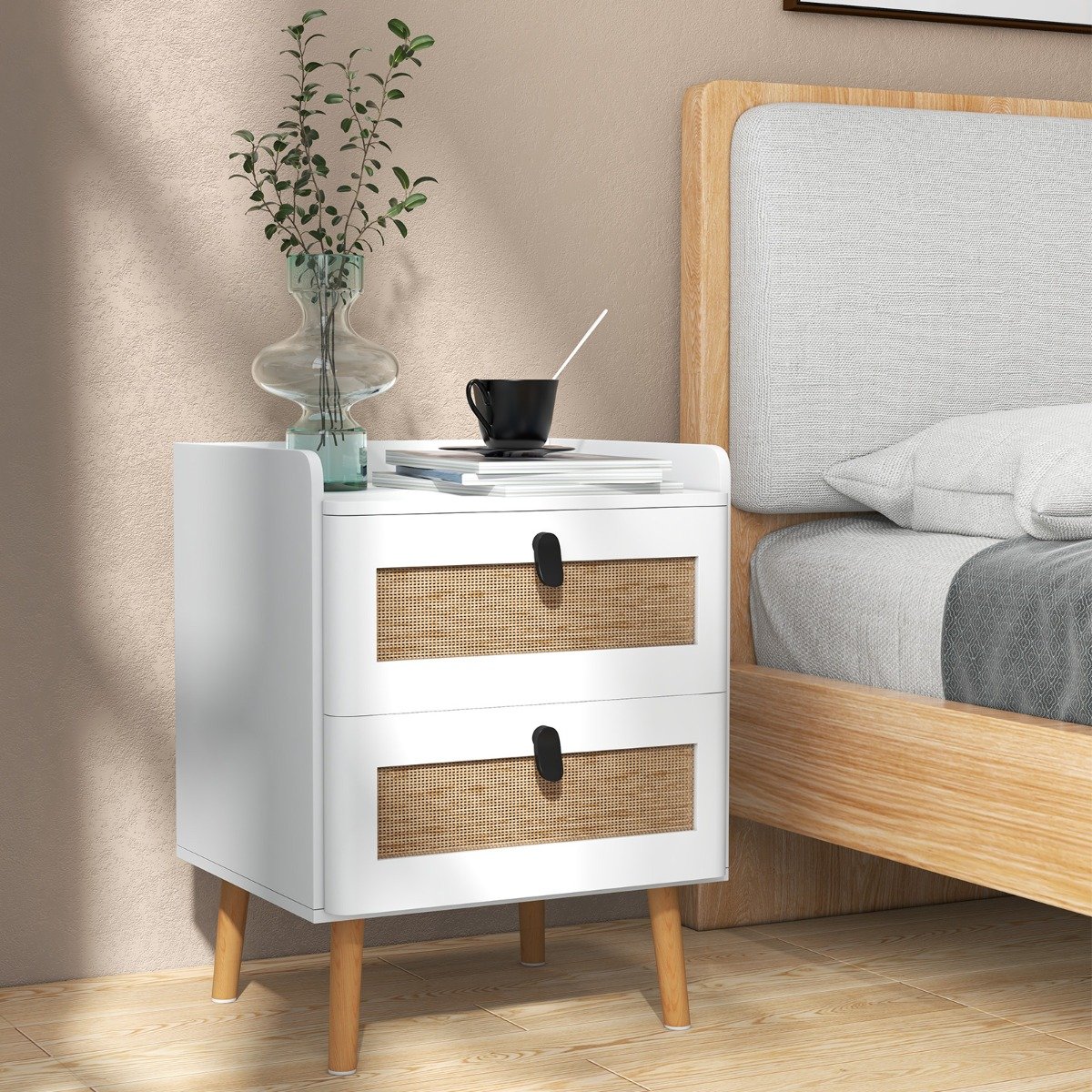 Nachttisch mit 2 Schubladen Massivholzbeine Nachtkommode im Boho-Stil 45 x 40 x 57 cm von Costway